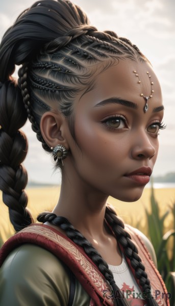 1girl,solo,long hair,looking at viewer,shirt,black hair,hair ornament,brown eyes,jewelry,upper body,braid,flower,earrings,outdoors,parted lips,sky,day,artist name,dark skin,mole,blurry,twin braids,dark-skinned female,lips,eyelashes,depth of field,blurry background,portrait,freckles,realistic,nose,field,multiple braids,closed mouth,collarbone,white shirt,cloud,mole under eye,makeup,facial mark,piercing,hair over shoulder,forehead,very dark skin