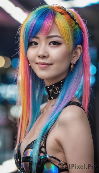 1girl,solo,long hair,breasts,looking at viewer,smile,bangs,blonde hair,cleavage,bare shoulders,jewelry,medium breasts,closed mouth,underwear,blue hair,swimsuit,upper body,pink hair,bikini,multicolored hair,earrings,small breasts,choker,bra,blurry,black eyes,collar,two-tone hair,lips,eyelashes,gradient hair,makeup,depth of field,blurry background,piercing,bikini top only,lens flare,o-ring,eyeshadow,freckles,realistic,nose,bokeh,mascara,rainbow hair,blue eyes,from side,swept bangs,watermark,pink lips