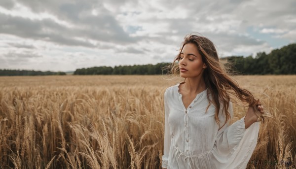 1girl,solo,long hair,brown hair,shirt,long sleeves,dress,collarbone,closed eyes,upper body,outdoors,parted lips,sky,day,cloud,signature,dark skin,white dress,dark-skinned female,lips,cloudy sky,grass,nature,scenery,realistic,field,holding hair