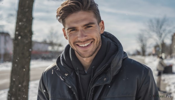 solo,looking at viewer,smile,short hair,brown hair,1boy,jacket,upper body,male focus,outdoors,teeth,day,hood,grin,blurry,black eyes,tree,black jacket,hoodie,blurry background,facial hair,hood down,hooded jacket,beard,snow,zipper,snowing,mature male,realistic,mustache,stubble,leather,leather jacket,open mouth,depth of field,winter clothes,black hoodie,winter,photo background