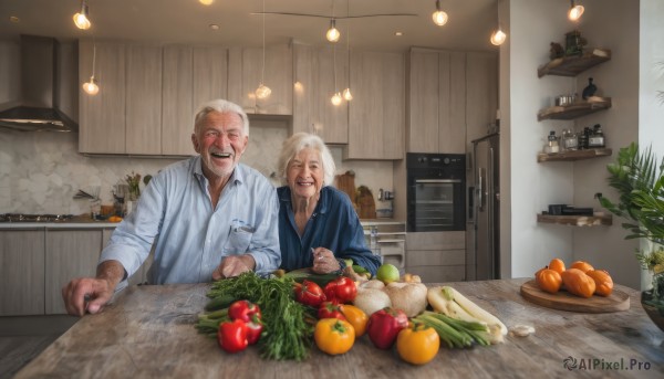 1girl,smile,short hair,open mouth,blonde hair,shirt,long sleeves,holding,closed eyes,white shirt,white hair,grey hair,male focus,food,japanese clothes,multiple boys,collared shirt,indoors,2boys,apron,fruit,facial hair,scar,table,knife,plant,beard,plate,bowl,mustache,basket,potted plant,carrot,old,old man,kitchen,father and son,tomato,vegetable,counter,ceiling light,cabinet,old woman,lettuce,potato,wrinkled skin,cutting board,radish,blush,1boy,jewelry,upper body,:d,hair bun,cup,dress shirt,single hair bun,ring,bottle,scar on face,sleeves rolled up,realistic,holding knife,laughing,wall,orange (fruit),sink,stove,kitchen knife,onion