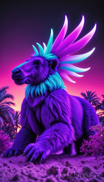 solo,sitting,closed mouth,full body,outdoors,sky,blurry,from side,tree,pokemon (creature),no humans,night,feathers,plant,star (sky),night sky,claws,starry sky,sunset,palm tree,twilight,gradient sky,purple sky,artist name,gradient,gradient background,animal,watermark,web address,animal focus