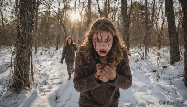 1girl,long hair,open mouth,multiple girls,blonde hair,brown hair,1boy,2girls,jacket,outdoors,tears,tree,blood,scar,nature,snow,forest,walking,running,injury,blood on face,snowing,animification,winter,bare tree,death,footprints,looking at viewer,teeth,hood,crying,angry,blood on clothes