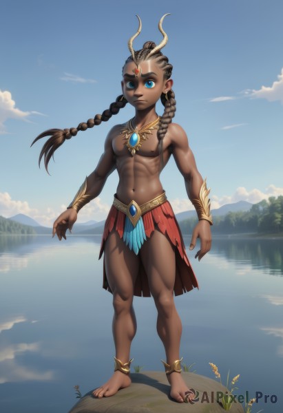 solo,long hair,looking at viewer,smile,blue eyes,skirt,brown hair,black hair,1boy,navel,jewelry,closed mouth,nipples,standing,full body,braid,male focus,outdoors,horns,sky,barefoot,day,cloud,dark skin,water,necklace,stomach,twin braids,bracelet,tree,blue sky,fingernails,muscular,toes,red skirt,facial mark,abs,dark-skinned male,grass,feathers,pectorals,reflection,toenails,toned,topless male,forehead mark,anklet,bracer,forehead jewel,lake,tribal,1girl,breasts,earrings,dark-skinned female,lips,cloudy sky,muscular male,mountain,arms at sides,facepaint,bodypaint,dark nipples