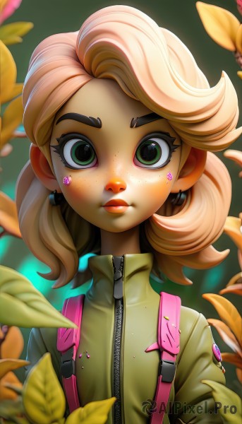 1girl,solo,looking at viewer,short hair,blonde hair,jewelry,closed mouth,green eyes,jacket,upper body,flower,earrings,artist name,medium hair,star (symbol),blurry,lips,eyelashes,makeup,leaf,watermark,thick eyebrows,backpack,plant,web address,zipper,freckles,green jacket,twintails,pink hair,bag,child,nose,female child,dirty face