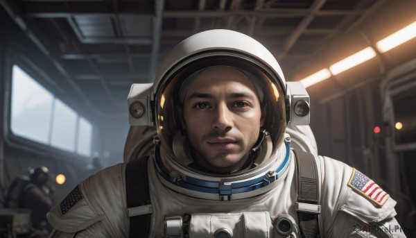 solo,looking at viewer,brown hair,1boy,brown eyes,closed mouth,upper body,male focus,multiple boys,solo focus,indoors,blurry,black eyes,lips,depth of field,blurry background,facial hair,helmet,science fiction,realistic,american flag,spacesuit,japanese flag,astronaut,backpack,beard,nose,stubble,pilot suit,space,pilot,space helmet