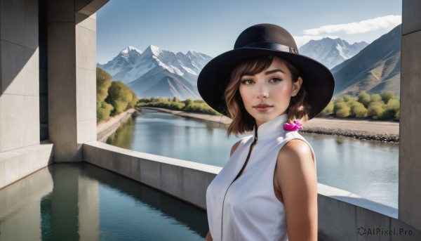 1girl,solo,breasts,looking at viewer,smile,short hair,brown hair,shirt,hat,bare shoulders,brown eyes,upper body,outdoors,parted lips,sky,sleeveless,day,medium hair,water,tree,lips,sleeveless shirt,black headwear,reflection,mountain,realistic,lake,bangs,jewelry,medium breasts,white shirt,cloud,blue sky,scenery,nose