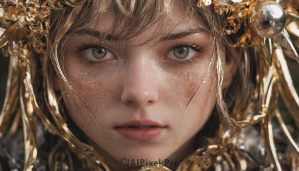 1girl,solo,long hair,looking at viewer,bangs,blonde hair,brown hair,hair ornament,brown eyes,closed mouth,parted lips,blurry,lips,wet,eyelashes,portrait,close-up,freckles,realistic,nose,straight-on,eye focus,blurry background,expressionless,water drop,wet hair,gold