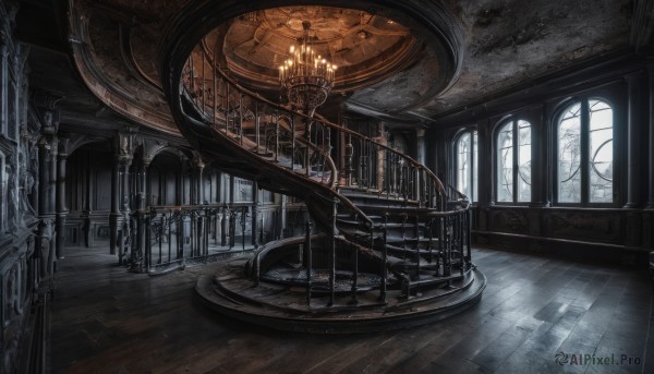 indoors,tree,no humans,window,sunlight,instrument,scenery,wooden floor,stairs,railing,clock,candle,architecture,pillar,gears,piano,church,arch,candlestand,chandelier,grand piano,cloud,moon,fantasy,bare tree