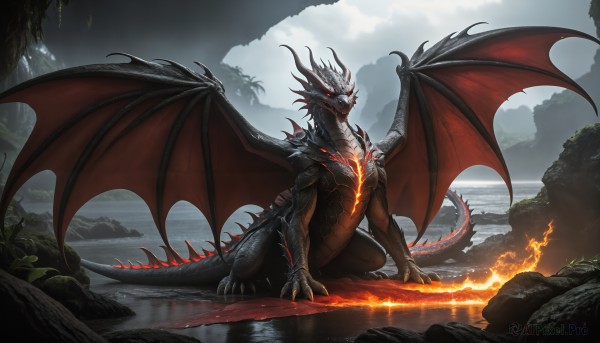 HQ,solo,open mouth,red eyes,tail,outdoors,wings,horns,sky,teeth,day,cloud,water,no humans,glowing,cloudy sky,fire,sharp teeth,glowing eyes,claws,spikes,dragon horns,monster,rock,mountain,dragon,dragon tail,scales,dragon wings,breathing fire,molten rock,scenery,fantasy