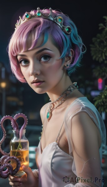 1girl,solo,breasts,looking at viewer,short hair,bangs,dress,holding,jewelry,closed mouth,nipples,green eyes,blue hair,collarbone,upper body,pink hair,multicolored hair,earrings,small breasts,outdoors,necklace,nail polish,blurry,covered nipples,two-tone hair,lips,wet,see-through,no bra,makeup,night,blurry background,piercing,bottle,tiara,crown,gem,ear piercing,freckles,realistic,nose,mascara,blue eyes,bare shoulders,purple hair,parted lips,sky,sleeveless,artist name,white dress,flat chest,from side,cup,streaked hair,fingernails,eyelashes,depth of field,watermark,plant,lipstick,night sky,holding cup,tentacles,pink nails,alcohol,drinking glass,pink lips,drink,stud earrings,pearl necklace