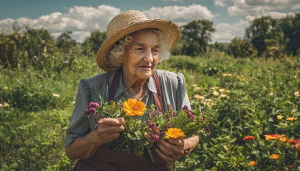 1girl,solo,smile,shirt,1boy,hat,holding,closed mouth,closed eyes,upper body,flower,grey hair,male focus,outdoors,sky,day,striped,collared shirt,cloud,blurry,tree,blue sky,blurry background,cloudy sky,blue shirt,facing viewer,grey shirt,vertical stripes,freckles,striped shirt,realistic,yellow flower,brown headwear,straw hat,holding flower,field,old,old man,vertical-striped shirt,old woman,short hair,blonde hair,hair ornament,short sleeves,apron,grass,nature,orange flower