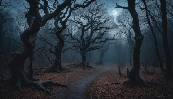 outdoors,sky,sword,tree,no humans,night,moon,nature,night sky,scenery,full moon,forest,bare tree,fog,moonlight,path,grass,road,dark,landscape