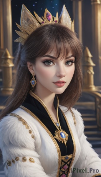 1girl,solo,long hair,looking at viewer,bangs,brown hair,dress,jewelry,upper body,earrings,parted lips,white dress,blurry,black eyes,lips,grey eyes,fur trim,eyelashes,makeup,blurry background,crown,lipstick,brooch,gem,half updo,stairs,realistic,nose,red lips,blue gemstone,red gemstone,black hair,animal ears,artist name,pillar