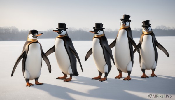 looking at viewer,hat,standing,outdoors,glasses,day,black eyes,no humans,black headwear,shadow,bird,animal,snow,top hat,animal focus,penguin,flock,holding hands,multiple others,odd one out,6+others