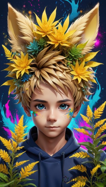 solo,looking at viewer,short hair,blue eyes,blonde hair,hair ornament,1boy,animal ears,closed mouth,upper body,flower,male focus,artist name,hair flower,hood,lips,fox ears,hoodie,leaf,watermark,facial mark,hood down,plant,portrait,freckles,yellow flower,sunflower,drawstring,head wreath,blue hoodie,paint splatter,fox boy,star (symbol),animal ear fluff,thick eyebrows,child,bandaid on face,male child,paint