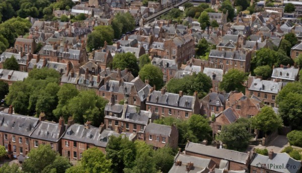 outdoors,tree,no humans,window,from above,building,nature,scenery,forest,stairs,city,road,cityscape,house,river,town,multiple boys,day,6+boys,bush,rooftop,chimney