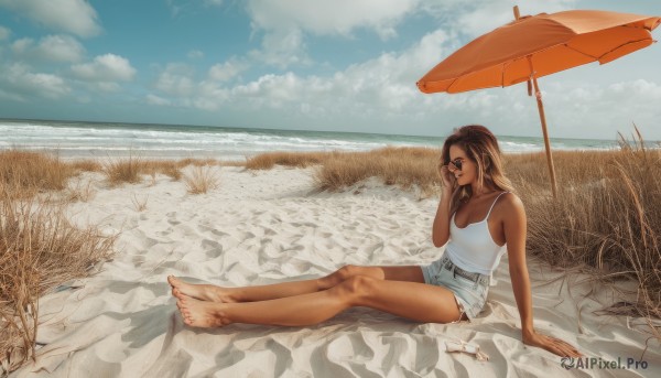 1girl,solo,long hair,breasts,brown hair,cleavage,bare shoulders,medium breasts,sitting,outdoors,sky,shorts,barefoot,day,belt,cloud,dark skin,water,feet,dark-skinned female,legs,short shorts,bare legs,toes,ocean,arm support,umbrella,beach,tank top,grass,denim,tan,scenery,camisole,denim shorts,realistic,sand,parasol,cutoffs,on ground,brown eyes,collarbone,full body,glasses,artist name,signature,blue sky,lips,bare arms,sunglasses,cloudy sky,blue shorts,toenails,long legs,nose,horizon,adjusting eyewear,summer,eyewear removed,dirty,beach umbrella,dirty feet