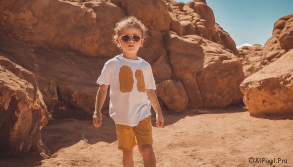 solo,looking at viewer,short hair,blonde hair,shirt,1boy,closed mouth,standing,white shirt,short sleeves,male focus,outdoors,shorts,day,signature,sunglasses,aged down,t-shirt,child,rock,realistic,sand,male child,print shirt,brown shorts,yellow shorts,white hair,sky,artist name,blue sky,feet out of frame,clenched hands,arms at sides