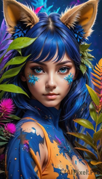 1girl,solo,long hair,breasts,looking at viewer,smile,bangs,blue eyes,hair ornament,animal ears,cleavage,medium breasts,closed mouth,blue hair,upper body,flower,artist name,hair flower,lips,fox ears,clothing cutout,eyelashes,makeup,leaf,watermark,facial mark,cleavage cutout,plant,eyeshadow,pink lips,nose,facepaint,mascara,large breasts,bare shoulders,sleeveless,blue shirt,freckles,bodypaint,paint splatter,paint