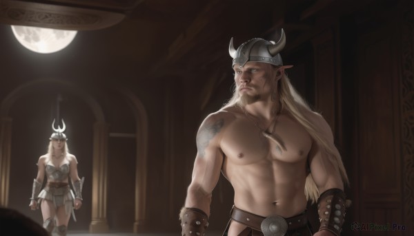 long hair,blue eyes,blonde hair,1boy,navel,jewelry,nipples,male focus,horns,pointy ears,belt,indoors,necklace,stomach,armor,tattoo,muscular,facial hair,abs,moon,helmet,pectorals,muscular male,elf,bara,beard,topless male,mature male,realistic,fake horns,horned headwear,horned helmet,1girl,short hair,upper body,weapon,looking to the side,night,polearm,full moon,large pectorals,veins,shield,arm tattoo,holding polearm,pillar,navel hair