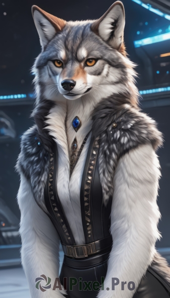 1girl,solo,breasts,looking at viewer,shirt,animal ears,jewelry,medium breasts,closed mouth,tail,yellow eyes,white shirt,belt,artist name,necklace,blurry,vest,orange eyes,fur trim,blurry background,wolf ears,suspenders,brooch,gem,furry,pendant,colored sclera,fur collar,black vest,furry female,body fur,white fur,fur,animal nose,wolf,snout,fluffy,grey fur,upper body,teeth,signature,animal ear fluff,no humans,animal,clenched teeth