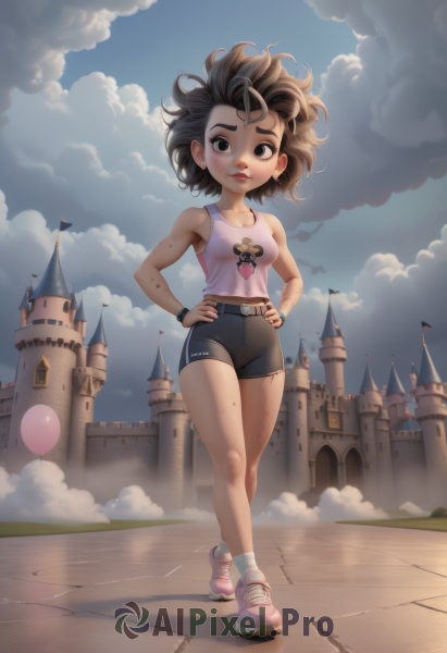 1girl,solo,breasts,looking at viewer,blush,short hair,brown hair,shirt,black hair,cleavage,bare shoulders,brown eyes,jewelry,standing,collarbone,full body,heart,earrings,small breasts,outdoors,parted lips,sky,shoes,shorts,teeth,sleeveless,day,socks,belt,artist name,cloud,mole,black eyes,bracelet,blue sky,lips,bare arms,short shorts,sleeveless shirt,makeup,shadow,black shorts,thick eyebrows,crossed legs,cloudy sky,tank top,white socks,bike shorts,building,messy hair,sneakers,child,backlighting,freckles,walking,pink shirt,hands on hips,watch,pink footwear,female child,wristwatch,print shirt,castle,tower,ankle socks,medium breasts,smoke,balloon