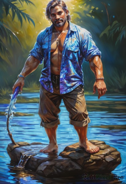 solo,looking at viewer,smile,shirt,1boy,navel,holding,jewelry,standing,full body,grey hair,male focus,outdoors,open clothes,shorts,barefoot,collared shirt,belt,pants,water,necklace,bracelet,wet,open shirt,muscular,facial hair,abs,blue shirt,pectorals,muscular male,wet clothes,nature,bara,beard,wading,sleeves rolled up,large pectorals,rock,mature male,mustache,brown pants,old,brown shorts,old man,pectoral cleavage,river,hose,hawaiian shirt,short hair,brown hair,realistic,manly