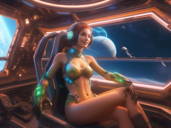 1girl,solo,breasts,smile,short hair,brown hair,gloves,navel,cleavage,bare shoulders,brown eyes,medium breasts,sitting,midriff,lips,headphones,crossed legs,science fiction,realistic,space,hand on own knee,planet,earth (planet),spacecraft,cockpit,stomach,clothing cutout,window,cleavage cutout,revealing clothes,headset,backlighting,nose,mechanical arms