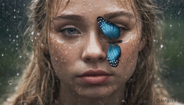 1girl, solo, long hair, looking at viewer, blue eyes, blonde hair, closed mouth, lips, eyelashes, bug, butterfly, portrait, close-up, rain, water drop, realistic, nose, blue butterfly