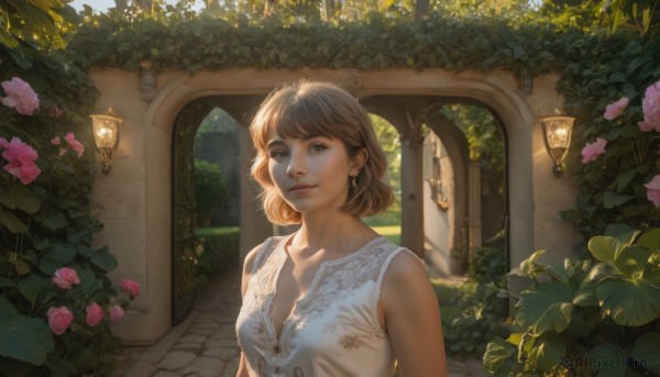 1girl,solo,breasts,looking at viewer,smile,short hair,bangs,brown hair,shirt,cleavage,brown eyes,jewelry,medium breasts,collarbone,upper body,flower,earrings,outdoors,sleeveless,day,lips,sleeveless shirt,rose,leaf,sunlight,plant,scenery,pink flower,realistic,nose,bush,pink rose,arch,dress,parted lips,white dress,tree,sleeveless dress,door,lamppost