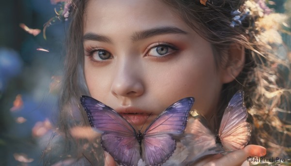 1girl, solo, long hair, looking at viewer, brown hair, hair ornament, brown eyes, flower, hand up, blurry, lips, eyelashes, depth of field, blurry background, bug, butterfly, portrait, close-up, realistic, nose