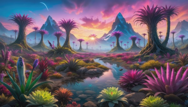 A unique view of a landscape in sunset outdoors