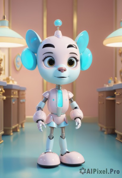 1girl,solo,looking at viewer,smile,animal ears,brown eyes,standing,full body,necktie,indoors,no humans,robot,child,furry,furry female,android,female child,lamp,joints,robot joints,open hands,humanoid robot,parody