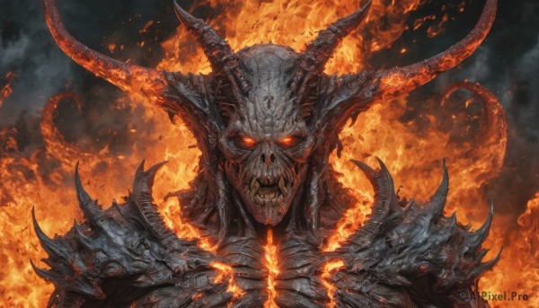 solo,looking at viewer,open mouth,red eyes,1boy,upper body,horns,teeth,armor,no humans,glowing,fire,sharp teeth,demon horns,glowing eyes,1other,spikes,skull,monster,demon,embers,burning,molten rock,male focus,fangs,shoulder armor,smoke