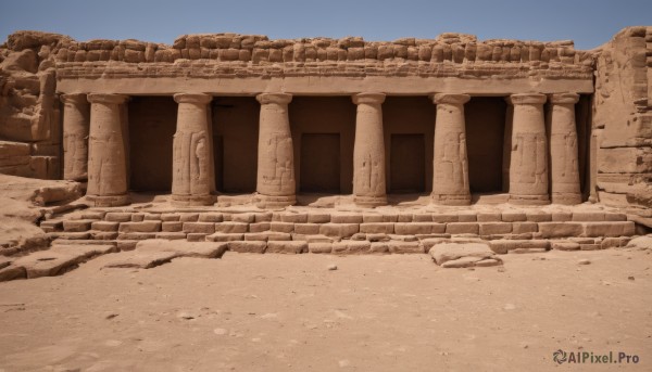 monochrome,outdoors,sky,day,blue sky,no humans,building,scenery,sand,ruins,sepia,pillar,desert,rock,architecture,arch,stone,column