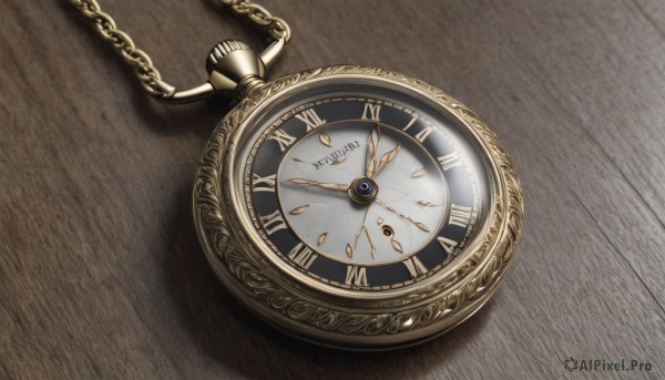 no humans,shadow,chain,watch,wooden floor,clock,pocket watch,still life,roman numeral,english text