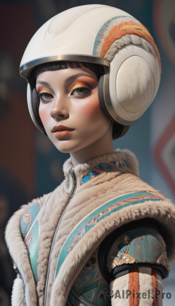 1girl,solo,looking at viewer,blush,short hair,bangs,black hair,brown eyes,closed mouth,upper body,blunt bangs,blurry,black eyes,lips,fur trim,eyelashes,makeup,blurry background,helmet,feathers,lipstick,eyeshadow,freckles,realistic,nose,red lips,eyeliner,brown hair,artist name,signature,coat,depth of field,web address,earmuffs,facepaint,mascara