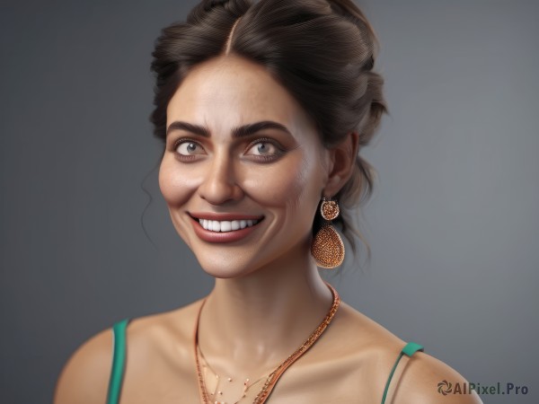 1girl,solo,looking at viewer,smile,short hair,simple background,brown hair,black hair,jewelry,collarbone,earrings,teeth,grey background,necklace,grin,lips,gradient,grey eyes,gradient background,portrait,freckles,realistic,nose,bra strap,real life insert,old woman,open mouth,1boy,brown eyes,male focus