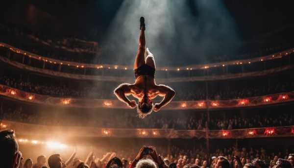 short hair,black hair,1boy,male focus,multiple boys,shorts,solo focus,muscular,abs,muscular male,6+boys,topless male,upside-down,kicking,crowd,stage,stage lights,stadium,wrestling ring,audience,hat,boots,facial hair,tank top,beard,battle,manly,spotlight