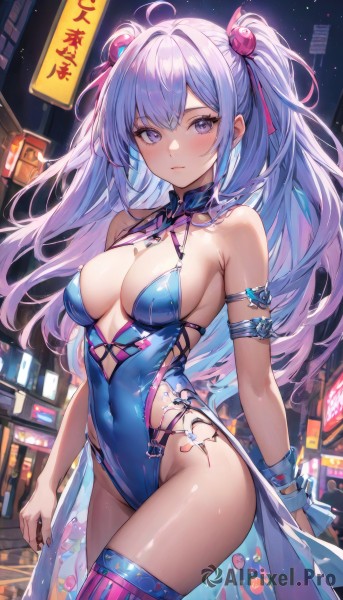 1girl,solo,long hair,breasts,looking at viewer,blush,bangs,large breasts,hair ornament,thighhighs,dress,ribbon,cleavage,bare shoulders,twintails,medium breasts,closed mouth,blue hair,standing,purple eyes,hair ribbon,purple hair,ahoge,sidelocks,thighs,multicolored hair,cowboy shot,outdoors,nail polish,leotard,two side up,groin,wrist cuffs,bare arms,covered navel,thigh strap,night,blue dress,halterneck,highleg,building,single thighhigh,pelvic curtain,striped thighhighs,armlet,highleg leotard,gold trim,blue thighhighs,blue leotard,arm strap,sleeveless,detached collar,night sky