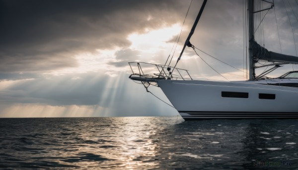 outdoors,sky,day,cloud,water,no humans,ocean,sunlight,cloudy sky,scenery,sunset,light rays,horizon,watercraft,sunbeam,ship,boat,power lines,waves