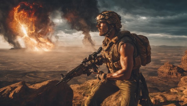 solo,gloves,1boy,holding,weapon,male focus,outdoors,sky,cloud,bag,holding weapon,uniform,vest,gun,military,military uniform,muscular,backpack,helmet,fire,goggles,rifle,smoke,headset,mountain,realistic,assault rifle,explosion,soldier,m4 carbine,load bearing vest,ocean,war