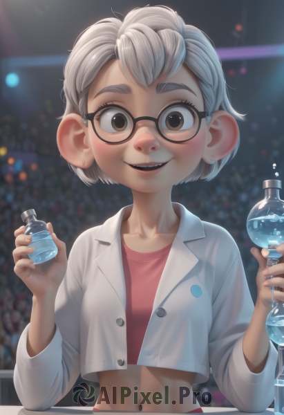 1girl,solo,looking at viewer,blush,smile,short hair,open mouth,bangs,shirt,long sleeves,navel,holding,brown eyes,jewelry,collarbone,jacket,upper body,white hair,grey hair,earrings,glasses,teeth,midriff,indoors,blurry,lips,crop top,hands up,blurry background,upper teeth only,white jacket,thick eyebrows,bottle,freckles,black-framed eyewear,round eyewear,stud earrings,holding bottle,water bottle,fangs,labcoat