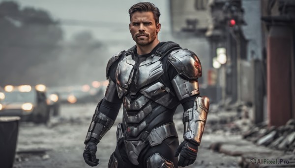 solo,looking at viewer,short hair,brown hair,gloves,1boy,closed mouth,standing,male focus,cowboy shot,outdoors,armor,blurry,blurry background,facial hair,shoulder armor,beard,clenched hands,science fiction,breastplate,realistic,mustache,undercut,black hair,black gloves,dark skin,bodysuit