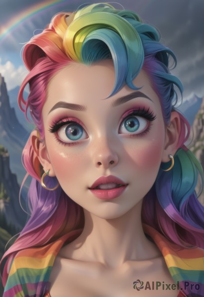 1girl,solo,long hair,breasts,looking at viewer,blush,smile,open mouth,blue eyes,blonde hair,shirt,jewelry,blue hair,collarbone,upper body,pink hair,purple hair,multicolored hair,earrings,outdoors,parted lips,sky,teeth,day,striped,artist name,cloud,blurry,two-tone hair,lips,eyelashes,gradient hair,makeup,depth of field,blurry background,piercing,lipstick,ear piercing,portrait,web address,multicolored clothes,close-up,eyeshadow,personification,freckles,hoop earrings,pink lips,mountain,multicolored eyes,realistic,nose,red lips,eyeliner,rainbow,mascara,blue eyeshadow,multicolored shirt,rainbow hair,multicolored stripes,bangs,green hair,upper teeth only,cloudy sky