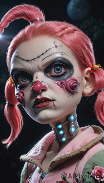 1girl,solo,looking at viewer,blue eyes,hair ornament,twintails,jewelry,jacket,upper body,pink hair,flower,red hair,parted lips,artist name,lips,eyelashes,makeup,rose,piercing,floral print,lipstick,short twintails,portrait,eyeshadow,zipper,freckles,realistic,nose,hair tie,red lips,facepaint,stitches,planet,cyborg,mascara,clown,long hair,teeth,tattoo,mask,moon,android,joints