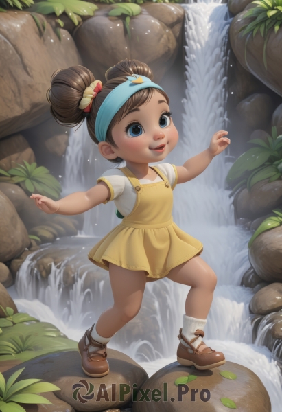 1girl,solo,smile,short hair,open mouth,blue eyes,brown hair,shirt,hair ornament,dress,standing,full body,white shirt,short sleeves,hairband,outdoors,shoes,socks,dark skin,water,hair bun,dark-skinned female,double bun,headband,brown footwear,short dress,outstretched arms,white socks,child,mary janes,rock,female child,waterfall,blush,skirt,parted lips,teeth,artist name,lips,leaf,looking up,realistic,nose,yellow dress,yellow skirt,bobby socks,stream