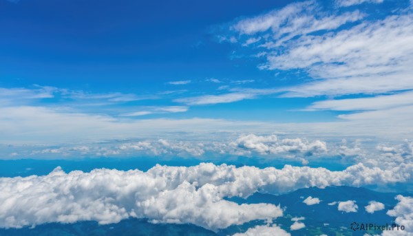 monochrome,outdoors,sky,day,cloud,water,blue sky,no humans,ocean,cloudy sky,nature,scenery,blue theme,horizon,landscape,above clouds