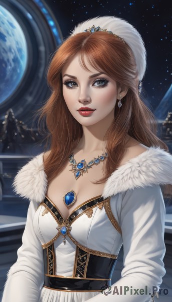 1girl,solo,long hair,breasts,looking at viewer,smile,blue eyes,brown hair,long sleeves,hat,dress,cleavage,brown eyes,jewelry,medium breasts,collarbone,upper body,earrings,parted lips,sky,necklace,white dress,lips,coat,grey eyes,fur trim,makeup,lipstick,gem,star (sky),corset,pendant,starry sky,red lips,space,planet,fur hat,earth (planet),artist name,night,tiara,realistic